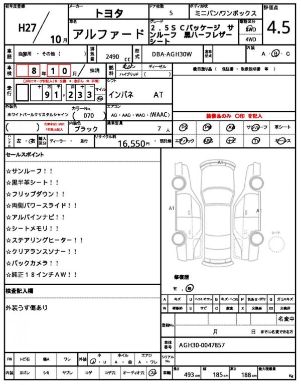 Ref:AUX-19507431 TOYOTA ALPHARD 2015 - Image 10