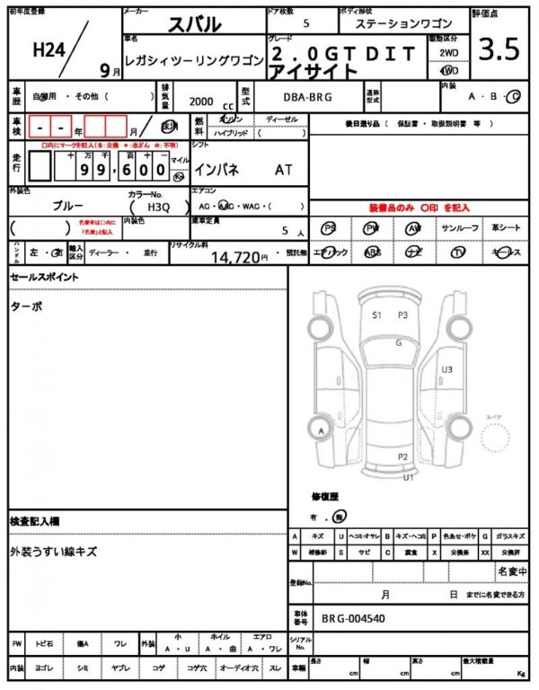 Ref:AUX-19961018 SUBARU LEGACY TOURING WAGON 2012 - Image 21