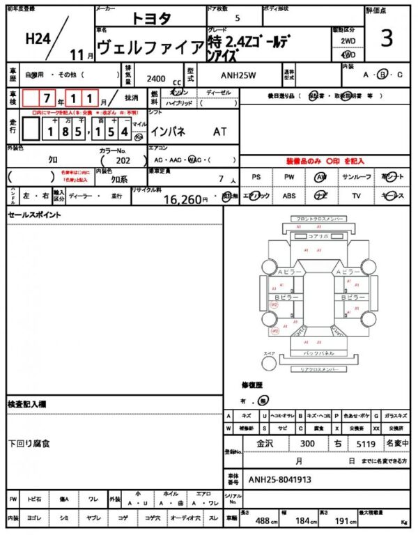 Ref:AUX-20075490 TOYOTA VELLFIRE 2012 - Image 21