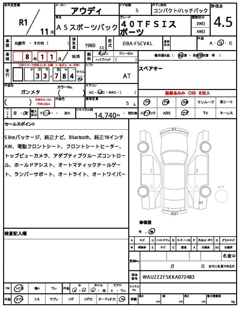 Ref:AUX-20765413 AUDI A5 SPORTBACK 2019 - Image 7